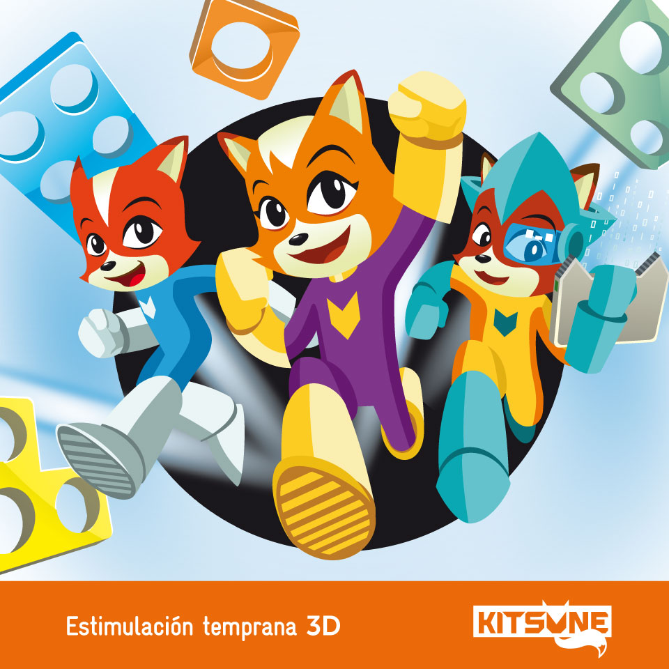 Muñeco mascota de Kitsune en distintos colores, programa de estimulación temprana en Ciudad Real