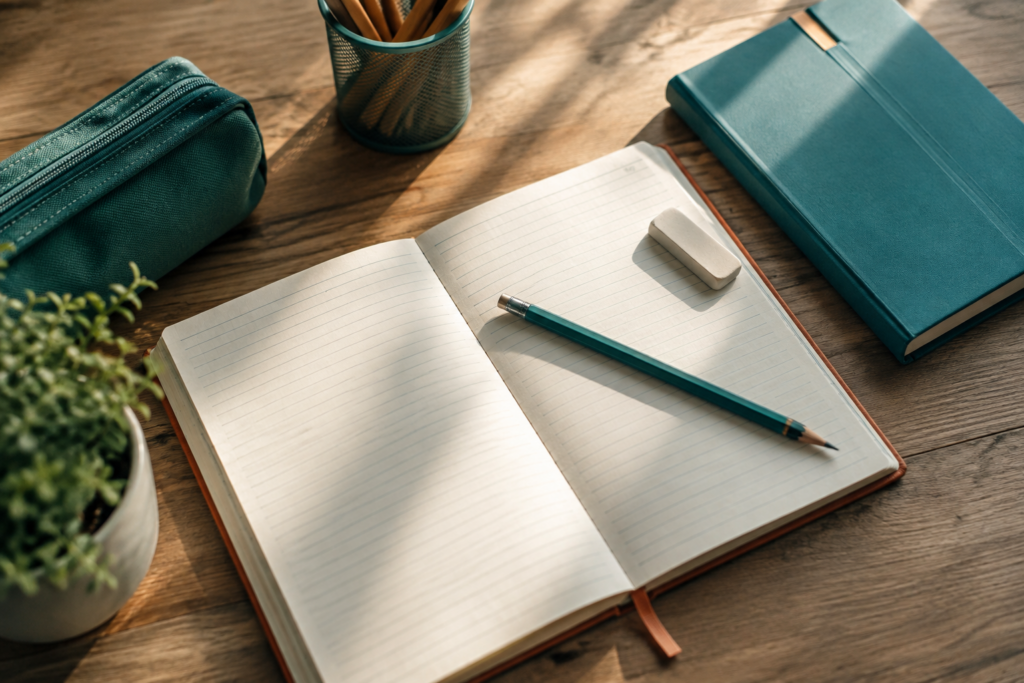 Mesa de estudio infantil con cuaderno de deberes abierto, refuerzo escolar Ciudad Real
