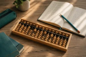 Ábaco japonés soroban sobre mesa de estudio, Aloha Mental Arithmetic Ciudad Real