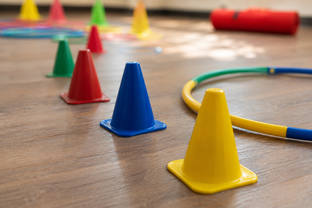 Conos y aros de un circuito de iniciación deportiva en la actividad Pre-Deporte de BrainKids